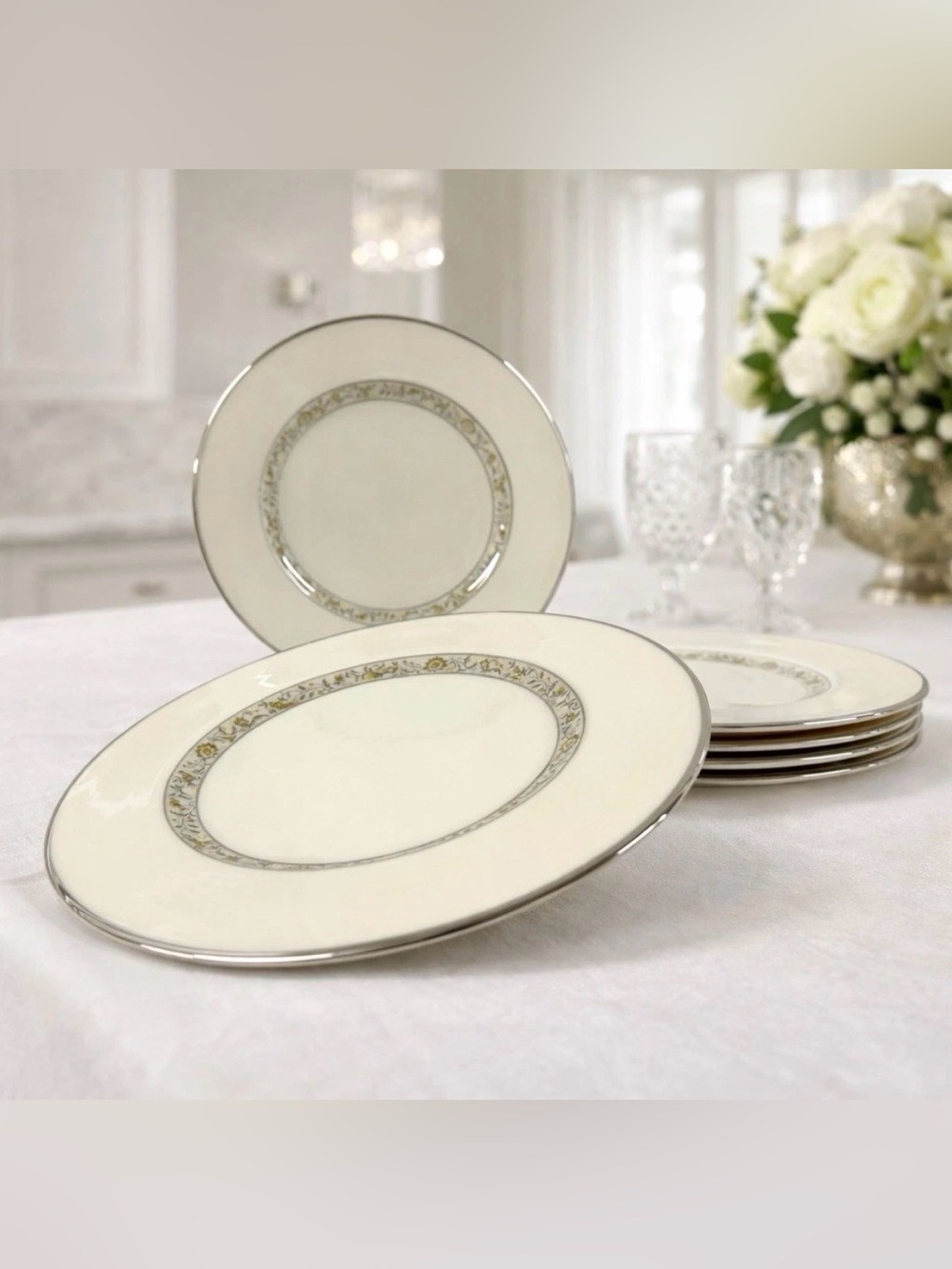 Lenox Springdale 8 1/4” Salad Plates Set of 6 Bone China Platinum USA Vintage